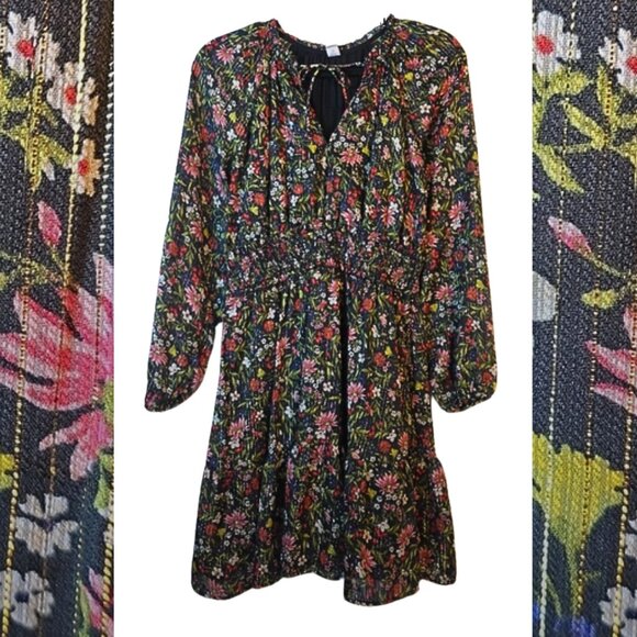 Old Navy Floral Black and Multicolor A-Line Metallic Tiered Dress Size Small - Picture 1 of 10